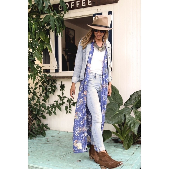 Rare Spell Designs Blue Sundancer Maxi Kimono Duster OS floral embroidered robe - Picture 4 of 17